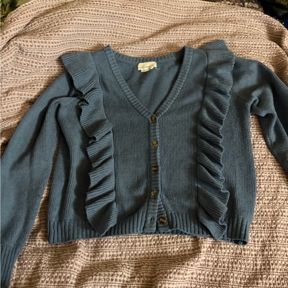 Anthropologie Blue Ruffle Cardigan